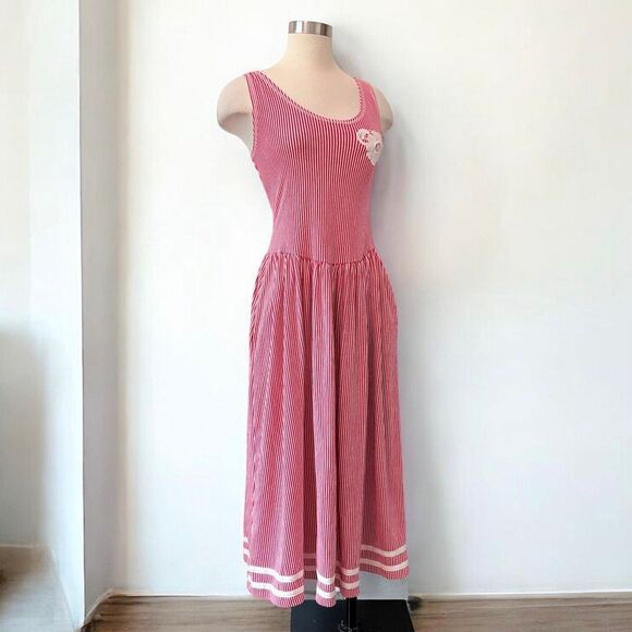 Vintage Dresses & Skirts - Sweet Inspirations Sleeveless Fit Flare 1970s Red Stripe Maxi Dress Floral Mediu